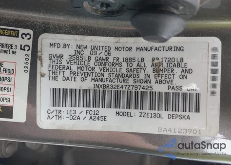 2007 Toyota Corolla S z USA, uszkodzony, nr VIN 1NXBR32E47Z797425